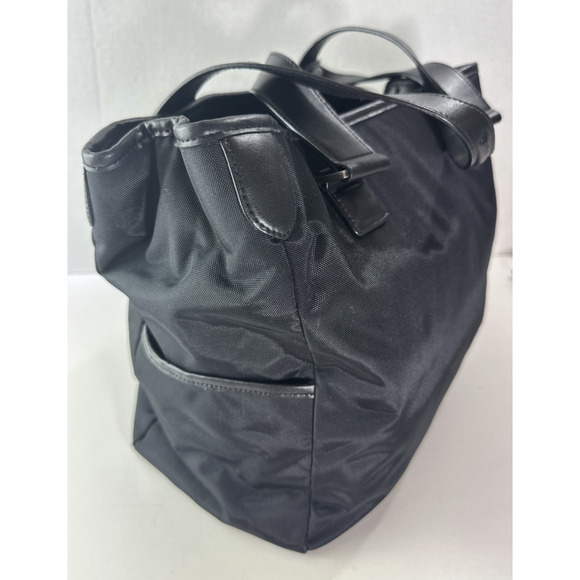 Tumi Leather Trim Nylon Tote Travel Shoulder Bag Black Open Top Zip Pocket - Picture 4 of 16